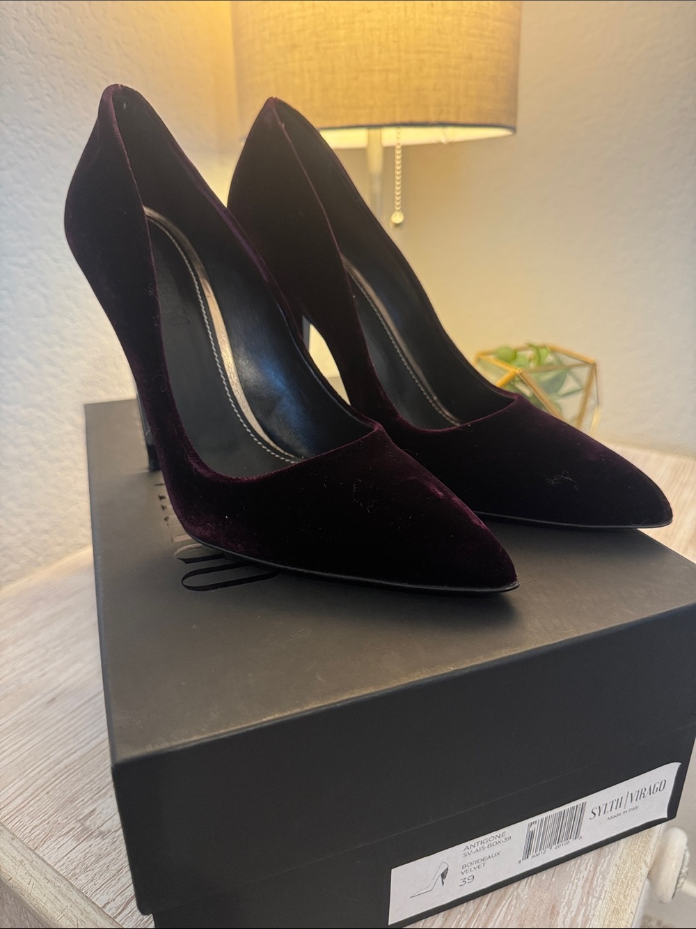 Sylth Virago Women's Velvet Pointed-Toe High Heels in Deep Plum